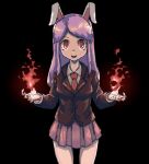  1girl animal_ears bangs black_background black_jacket commentary cookie_(touhou) cowboy_shot eyebrows_visible_through_hair fire highres hisui_(cookie) jacket long_hair looking_at_viewer magic necktie nob1109 open_mouth pink_skirt pleated_skirt purple_hair rabbit_ears red_eyes red_neckwear reisen_udongein_inaba shirt simple_background skirt solo swept_bangs touhou white_shirt 