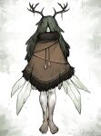  :| absurdres antlers barefoot closed_mouth colored_skin dirty fingers fringe_trim fur_collar green_hair hair_over_eyes hair_over_face highres insect_wings long_hair matilda_fiship mistletoe monster_girl original poncho simple_background tassel white_skin wings 