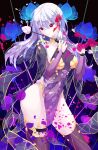  absurdres earrings fate/grand_order fate_(series) flower hair_ribbon highres holding jewelry kama_(fate) kneehighs long_hair looking_away lotus red_eyes revealing_clothes ribbon solo white_hair wptz8282 