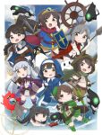  6+girls abyssal_ship alternate_costume animal_ears animal_hood aoshima_sakana armor arrow_(projectile) bandages bangs black_hair black_legwear blue_leotard blunt_bangs blush book boots bow_(weapon) brown_eyes brown_hair cape chibi enemy_lifebuoy_(kancolle) eyebrows_visible_through_hair failure_penguin fake_animal_ears food fubuki_(kancolle) green_scarf grey_hair habit hair_ribbon hammer hat hatsuyuki_(kancolle) headgear highres holding holding_arrow holding_book holding_bow_(weapon) holding_shield holding_sword holding_weapon hood hood_up i-class_destroyer isonami_(kancolle) kantai_collection leotard long_hair long_sleeves miss_cloud miyuki_(kancolle) mouth_hold multiple_girls murakumo_(kancolle) one_eye_closed open_mouth pantyhose playboy_bunny pocky ponytail rabbit_ears red_cape ribbon scarf shield shirayuki_(kancolle) short_hair short_sleeves short_twintails shorts sparkle sweat sword tress_ribbon twintails uranami_(kancolle) usugumo_(kancolle) water wavy_mouth weapon 