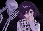 1boy bangs black_background black_hair chain checkered checkered_scarf clenched_hand commentary_request dangan_ronpa_(series) dangan_ronpa_v3:_killing_harmony from_side hair_between_eyes hand_up highres long_sleeves looking_at_viewer male_focus ouma_kokichi pale_skin purple_background purple_hair scarf shiny shiny_hair skeleton skull snow_finale solo straitjacket upper_body violet_eyes 