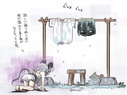  1girl all_fours animal_ears biyon black_skirt bloomers camisole clothesline commentary_request dripping gloom_(expression) grey_hair mouse_ears mouse_tail nazrin outdoors shirt shirt_removed short_hair skirt skirt_removed solo tail touhou translation_request twitter_username underwear wet wet_clothes white_shirt 