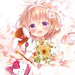  1girl :d animal_ears blush bouquet brown_hair fake_animal_ears flower gochuumon_wa_usagi_desu_ka? hair_flower hair_ornament hairband hoto_cocoa looking_at_viewer open_mouth purple_hair rabbit_ears rikatan short_hair smile solo stuffed_animal stuffed_bunny stuffed_toy tippy_(gochiusa) upper_body 