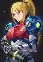  1girl arm_cannon armor bangs blonde_hair blue_eyes glowing helmet highres kamu_(kamuuei) long_hair looking_at_viewer metroid metroid_dread mole mole_under_mouth ponytail power_armor samus_aran science_fiction sidelocks simple_background solo upper_body varia_suit weapon 