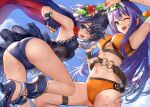  2girls ;d arm_up armpits ass belt bikini black_bikini black_footwear black_gloves blue_eyes blue_hair blue_sky blush breasts clothing_cutout day fingerless_gloves fire_emblem fire_emblem:_path_of_radiance fire_emblem:_radiant_dawn fire_emblem_awakening fire_emblem_heroes flower gloves green_eyes hair_flower hair_ornament high_heels highres hiyashiru holding_hands interlocked_fingers long_hair looking_at_viewer lucina_(fire_emblem) mask mask_on_head medium_breasts mia_(fire_emblem) multiple_girls navel one_eye_closed open_mouth orange_bikini outdoors purple_hair red_flower see-through short_hair sky small_breasts smile stomach swimsuit thigh_strap under_boob underboob_cutout very_long_hair water white_flower 