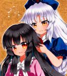  2girls bangs black_hair blouse blue_dress blue_headwear blue_sleeves bow braid collar dress eyebrows_visible_through_hair frills hand_in_another&#039;s_hair hand_up hat houraisan_kaguya long_hair looking_at_another looking_at_viewer multicolored multicolored_clothes multicolored_dress multicolored_eyes multiple_girls no_hat no_headwear open_mouth pink_blouse pink_sleeves puffy_short_sleeves puffy_sleeves qqqrinkappp red_dress red_eyes red_sleeves short_sleeves silver_hair simple_background single_braid smile touhou traditional_media white_bow white_collar white_neckwear yagokoro_eirin yellow_background yellow_eyes 