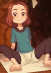  1girl arm_support barefoot blue_shirt brown_eyes brown_hair cave_interior collarbone eyelashes gazing_eye highres leggings legwear_under_shorts looking_at_viewer medium_hair pokemon pokemon_(anime) pokemon_m20 shirt short_sleeves shorts sitting soles solo spread_legs t-shirt textless toes verity_(pokemon) white_shorts 