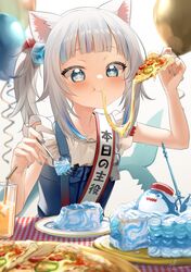  1girl absurdres animal_ears bangs bloop_(gawr_gura) blue_eyes blue_hair blue_nails blunt_bangs blurry blush bow cake cat_ears cheese_trail collarbone commentary_request cup drinking_glass drinking_straw eating eyebrows_visible_through_hair fish_tail food fork gawr_gura hair_bow hair_ornament hands_up highres holding hololive hololive_english kito_koruta long_hair looking_at_viewer multicolored_hair nail_polish pizza shark_tail shiny shiny_hair short_sleeves silver_hair smile solo streaked_hair table tail translation_request virtual_youtuber 