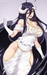1girl :d ahoge albedo_(overlord) bangs bare_shoulders black_hair black_wings breasts commentary demon_girl demon_horns detached_collar dress feathered_wings gloves hair_between_eyes highres hip_vent horns iwbitu-sa large_breasts long_hair low_wings no_bra no_panties open_mouth overlord_(maruyama) simple_background smile solo twitter_username very_long_hair white_dress white_gloves white_horns wings yellow_eyes