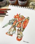  artist_name colored_pencil colored_pencil_(medium) gun gundam gundam_hathaway&#039;s_flash highres holding holding_gun holding_shield holding_weapon jar kazuma_(dokurinngos2) mecha messer_(mobile_suit) mobile_suit pencil photo_(medium) science_fiction shield solo traditional_media weapon yellow_eyes 