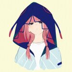  1girl braid cropped_torso hood hood_up hooded_jacket isshiki_(ffmania7) jacket kaf_(kamitsubaki_studio) kamitsubaki_studio long_hair looking_at_viewer low_twin_braids multicolored multicolored_eyes open_clothes open_jacket pink_hair signature simple_background sketch solo twin_braids virtual_youtuber yellow_pupils 
