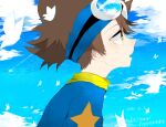  1boy animal bangs bird blue_shirt blue_sky blush brown_hair clouds copyright_name dated day digimon from_side goggles goggles_on_head hair_between_eyes hei_tai_(kyaputen1) male_focus medium_hair pointy_nose profile shirt sky solo tearing_up tears upper_body visor_cap yagami_taichi yellow_eyes 