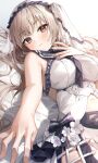  1girl azur_lane bangs bare_arms bed_sheet black_neckwear black_sailor_collar blush breasts closed_mouth clothing_cutout commentary_request dress eyebrows_visible_through_hair formidable_(azur_lane) formidable_(timeless_classics)_(azur_lane) hand_on_own_chest hand_up highres large_breasts long_hair looking_at_viewer lying midriff minttchocok navel neckerchief official_alternate_costume on_back red_eyes sailor_collar simple_background sleeveless sleeveless_dress solo stomach_cutout twintails veil white_background white_dress white_hair 