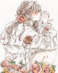  1girl blush brown_hair closed_eyes dated flower frilled_shirt frills hair_flower hair_ornament highres knees_up leaf long_hair original red_flower red_rose rose shirt signature simple_background solo toaruocha upper_body white_background white_shirt 