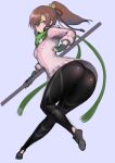  1girl ass bell black_legwear braid breasts brown_eyes brown_hair closed_mouth fighting_ex_layer fingerless_gloves french_braid from_behind full_body gloves green_gloves green_scarf hair_bell hair_ornament headphones headphones_around_neck highres holding jingle_bell johan_(johan13) lavender_background leg_up leggings long_hair looking_at_viewer looking_back nanase_(street_fighter) pantylines scarf simple_background sleeves_past_elbows small_breasts smile solo street_fighter street_fighter_ex_(series) twisted_torso 