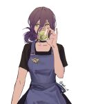  1girl alternate_costume apron black_choker black_shirt blue_apron breasts chainsaw_man choker commentary covered_mouth cup drink green_eyes hair_between_eyes highres holding holding_cup jewelry looking_to_the_side medium_breasts null_(skev7724) purple_hair reze_(chainsaw_man) ring shirt short_hair short_sleeves simple_background solo t-shirt tied_hair twitter_username upper_body white_background 