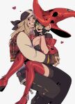  1boy 1girl absurdres axl_low bandana belt blush boots breasts carrying_under_arm denim fingerless_gloves gloves guilty_gear guilty_gear_strive hat highres i-no jeans large_breasts long_hair miukumauk pants short_hair spoilers sunglasses thigh-highs thigh_boots witch_hat zipper 