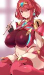  1girl bangs black_gloves blush breasts chest_jewel fingerless_gloves gem gloves highres konno_tohiro large_breasts looking_at_viewer pyra_(xenoblade) red_eyes red_shorts redhead short_hair shorts smile solo swept_bangs thigh-highs thighs tiara xenoblade_chronicles_(series) xenoblade_chronicles_2 