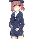  1girl after_suko bangs black_neckwear blue_dress blue_headwear blue_sailor_collar blunt_bangs blush brown_eyes brown_hair clothes_writing dress hand_on_hip hat kantai_collection long_sleeves one-hour_drawing_challenge parted_lips sailor_collar sailor_dress short_hair simple_background solo z3_max_schultz_(kancolle) 