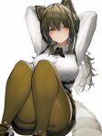  1girl absurdres arknights arms_behind_head breasts brown_hair brown_legwear closed_mouth highres large_breasts long_hair long_sleeves looking_at_viewer pantyhose robin_(arknights) shirt solo tab_head white_background white_shirt yellow_eyes 