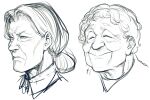  2girls closed_eyes curly_hair face frown greyscale low_ponytail monochrome multiple_girls old old_woman original serious sketch smile spacezin wrinkles 