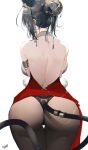  1girl animal_ears arknights ass back bare_shoulders breasts cat_ears cat_tail clothes_lift dress dress_lift frills from_behind highres large_breasts nape omone_hokoma_agm red_dress schwarz_(arknights) simple_background tail thighs underwear 