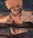  1boy abs artist_name bakugou_katsuki bangs black_gloves blonde_hair boku_no_hero_academia clothing_request clouds collarbone commentary cosplay english_commentary facial_mark gloves hands_up highres long_sleeves male_focus muscular naruto naruto_(series) night open_clothes outdoors own_hands_together red_eyes shirt short_hair solo spiky_hair trubwlsum uchiha_sasuke uchiha_sasuke_(cosplay) upper_body white_shirt 