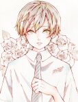  1boy brown_hair collared_shirt dated earrings flower green_eyes grey_neckwear hand_up highres jewelry leaf necktie original rose shirt short_hair short_sleeves signature simple_background solo striped striped_neckwear toaruocha white_background white_flower white_rose white_shirt 