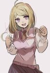  1girl :d ahoge akamatsu_kaede bangs blonde_hair brown_neckwear clenched_hands collared_shirt commentary_request dangan_ronpa_(series) dangan_ronpa_v3:_killing_harmony hair_ornament hands_up highres huyuharu0214 long_hair musical_note_hair_ornament necktie open_mouth pink_eyes pink_vest pleated_skirt shirt simple_background skirt smile sweater_vest upper_teeth vest white_background white_shirt 