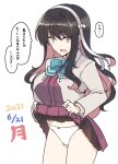  1girl black_hair blazer blue_neckwear bow bowtie breasts clothes_lift commentary_request cowboy_shot dated dress dress_lift hair_down hairband halterneck jacket kantai_collection large_breasts long_hair looking_at_viewer multicolored_hair naganami_(kancolle) nakadori_(movgnsk) panties pink_hair pleated_dress remodel_(kantai_collection) simple_background solo translation_request two-tone_hair underwear wavy_hair white_background white_hairband white_panties 