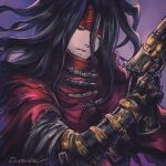  1boy black_hair cloak final_fantasy final_fantasy_vii frown glaring gloves headband long_hair messy_hair pale_skin red_cloak red_eyes red_headband revolver rousteinire torn_clothes vincent_valentine 