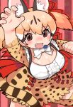  1girl animal_costume animal_ear_fluff animal_ears belt bow bowtie brown_eyes brown_hair cat_ears cat_girl cat_tail extra_ears highres kemono_friends kemono_friends_v_project kneehighs large-spotted_genet_(kemono_friends) long_hair looking_at_viewer microphone multicolored_hair open_mouth ribbon rinx shirt skirt smile socks solo suspenders tail twintails virtual_youtuber 