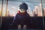  1boy artist_name bangs black_hair black_jacket black_pants blue_eyes blurry blurry_background boku_no_hero_academia building closed_mouth commentary cosplay day english_commentary green_hair jacket long_sleeves male_focus midoriya_izuku outdoors pants red_scarf scarf short_hair sitting skyscraper solo spiky_hair train_interior trubwlsum upper_body 