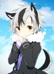  1boy animal_ear_fluff animal_ears bangs black_hair black_jacket blue_sky closed_mouth clouds cloudy_sky day dog_boy dog_ears dog_tail eyebrows_visible_through_hair fang fang_out fur-trimmed_jacket fur_trim grey_hair jacket kamiyoshi_rika kemonomimi_mode long_sleeves looking_at_viewer male_focus multicolored_hair nijisanji open_clothes open_jacket outdoors purple_shirt shirt sky sleeves_past_wrists solo streaked_hair suzuki_masaru tail virtual_youtuber 