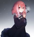  1girl after_suko bangs black_dress black_neckwear breath crossed_bangs dress hair_between_eyes hair_ribbon hands_together highres long_sleeves medium_hair multicolored_hair neck_ribbon nijisanji pink_hair red_eyes redhead ribbon sasaki_saku simple_background solo streaked_hair virtual_youtuber 