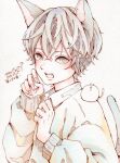  1boy animal_ears blush cat_boy cat_ears cat_tail dated fingernails grey_eyes grey_hair hair_between_eyes hands_up highres long_sleeves male_focus original sharp_fingernails short_hair signature simple_background solo sweater tail toaruocha upper_body white_background white_sweater 
