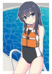  1girl akatsuki_(kancolle) blue_swimsuit blush cowboy_shot eyebrows_visible_through_hair hair_between_eyes highres kantai_collection life_vest long_hair looking_at_viewer messy_hair one-piece_swimsuit outdoors pepatiku pool poolside purple_hair solo swimsuit two-tone_swimsuit violet_eyes water white_swimsuit 