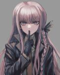  1girl absurdres bangs black_gloves black_jacket black_ribbon blunt_bangs blush braid closed_mouth commentary dangan_ronpa:_trigger_happy_havoc dangan_ronpa_(series) eyebrows_visible_through_hair finger_to_mouth gloves grey_background hair_ribbon highres index_finger_raised jacket kirigiri_kyouko long_hair long_sleeves looking_at_viewer purple_hair ribbon side_braid simple_background single_braid solo upper_body violet_eyes visket53 