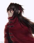  1boy andrv_meda black_hair cape cloak final_fantasy final_fantasy_vii headband highres long_hair looking_up messy_hair pale_skin red_cape red_cloak red_eyes red_headband smile turban vincent_valentine white_background 
