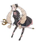  1girl black_capelet black_dress black_footwear black_gloves black_legwear black_ribbon blonde_hair blush bow bowtie capelet closed_mouth commentary dress drill_hair earrings elise_(fire_emblem) english_commentary fire_emblem fire_emblem_fates full_body gloves hair_ribbon highres hks_(timbougami) holding holding_staff jewelry leaning_forward leg_ribbon long_hair looking_at_viewer pink_bow pink_ribbon ribbon simple_background smile solo staff twin_drills twintails very_long_hair violet_eyes white_background 