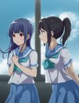  2girls :o arms_behind_back bangs black_hair blue_eyes blue_hair blue_neckwear blue_sailor_collar blue_skirt blush clouds hands_together hibike!_euphonium highres indoors kasaki_nozomi kitauji_high_school_uniform liz_to_aoi_tori long_hair looking_at_another multiple_girls neckerchief open_mouth pleated_skirt ponytail raku_rakugaki red_eyes sailor_collar school_uniform serafuku shirt short_sleeves skirt sky smile standing white_shirt window yoroizuka_mizore 