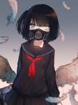  1girl after_suko amemori_sayo bangs black_hair black_sailor_collar black_serafuku black_skirt blunt_bangs feathered_wings feathers grey_eyes hair_bobbles hair_ornament heterochromia highres long_sleeves mask nijisanji one_side_up pleated_skirt red_neckwear respirator sailor_collar school_uniform serafuku simple_background skirt solo virtual_youtuber wings yellow_eyes 