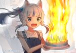  1girl animal_ears artist_name asymmetrical_hair birthday_cake blue_dress blue_eyes blue_hair cake candle cat_ears commentary dress english_text eyebrows_visible_through_hair fire flat_chest floating_hair food gawr_gura grey_background happy_birthday highres holding holding_cake holding_food hololive hololive_english kemonomimi_mode kura_noi medium_hair motion_blur multicolored_hair open_mouth sharp_teeth shirt side_ponytail signature silver_hair simple_background sleeveless sleeveless_dress sleeveless_shirt solo streaked_hair teeth two-tone_hair upper_body virtual_youtuber white_shirt zoom_layer 