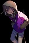  1boy bangs black_background blurry blurry_foreground brown_hoodie commentary_request dangan_ronpa_(series) dangan_ronpa_v3:_killing_harmony depth_of_field feet_out_of_frame gloves hair_between_eyes hands_in_pockets highres hood hood_up hoodie huyuharu0214 layered_sleeves long_sleeves looking_at_viewer lower_teeth male_focus open_mouth ouma_kokichi pants pink_eyes purple_hair purple_sweater short_hair short_over_long_sleeves short_sleeves signature simple_background smile solo sweater violet_eyes white_pants 