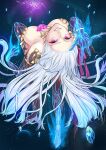  absurdres breasts demon_girl earrings evil_grin evil_smile fate/grand_order fate_(series) floating floating_hair flower grin highres jewelry kama_(fate) long_hair looking_at_viewer red_eyes revealing_clothes ribbon smile very_long_hair white_hair zawa_(mail2erina) 