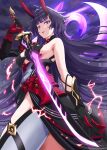  1girl bangs bare_shoulders black_hair blunt_bangs breasts electricity eyebrows_visible_through_hair from_below gloves hair_ornament highres holding holding_sword holding_weapon honkai_(series) honkai_impact_3rd horns large_breasts long_hair looking_at_viewer open_mouth ponnyu12 raiden_mei raiden_mei_(herrscher_of_thunder) sideboob solo sword very_long_hair violet_eyes weapon 