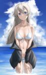  1girl absurdres bikini black_jacket blue_eyes blue_sky breasts clouds commission cowboy_shot day eila_ilmatar_juutilainen english_commentary fankupl front-tie_top hands_on_own_thighs highres horizon jacket long_hair looking_at_viewer medium_breasts navel ocean outdoors silver_hair sky solo standing strike_witches swimsuit white_bikini world_witches_series 
