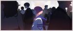  6+boys 6+girls border braid closed_eyes coat crowd expressionless grey_border highres hood hood_down hooded_jacket isshiki_(ffmania7) jacket kaf_(kamitsubaki_studio) kamitsubaki_studio low_twin_braids medium_hair multiple_boys multiple_girls open_clothes open_jacket pink_hair profile scarf sunlight twin_braids upper_body virtual_youtuber 