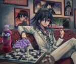  1boy :d bangs black_cape black_hair black_headwear cape checkered checkered_floor checkered_neckwear cocktail_glass collared_shirt commentary_request couch cup dangan_ronpa_(series) dangan_ronpa_10th_anniversary_costume dangan_ronpa_v3:_killing_harmony dice_members_(dangan_ronpa) drinking_glass eyebrows_visible_through_hair fanta flipped_hair flower grey_jacket grey_pants hair_between_eyes highres holding indoors jacket kozomezuki long_sleeves looking_at_viewer male_focus open_mouth ouma_kokichi pants purple_hair purple_shirt shirt sitting smile solo upper_teeth violet_eyes 