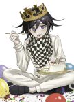  1boy balloon black_footwear black_hair cake candle checkered checkered_scarf crown dangan_ronpa_(series) dangan_ronpa_v3:_killing_harmony eating flipped_hair food food_on_face fork fruit grey_jacket grey_pants highres indian_style jacket long_sleeves looking_at_viewer male_focus open_mouth ouma_kokichi pants renshu_usodayo scarf short_hair simple_background sitting smile solo straitjacket tongue tongue_out violet_eyes white_background 